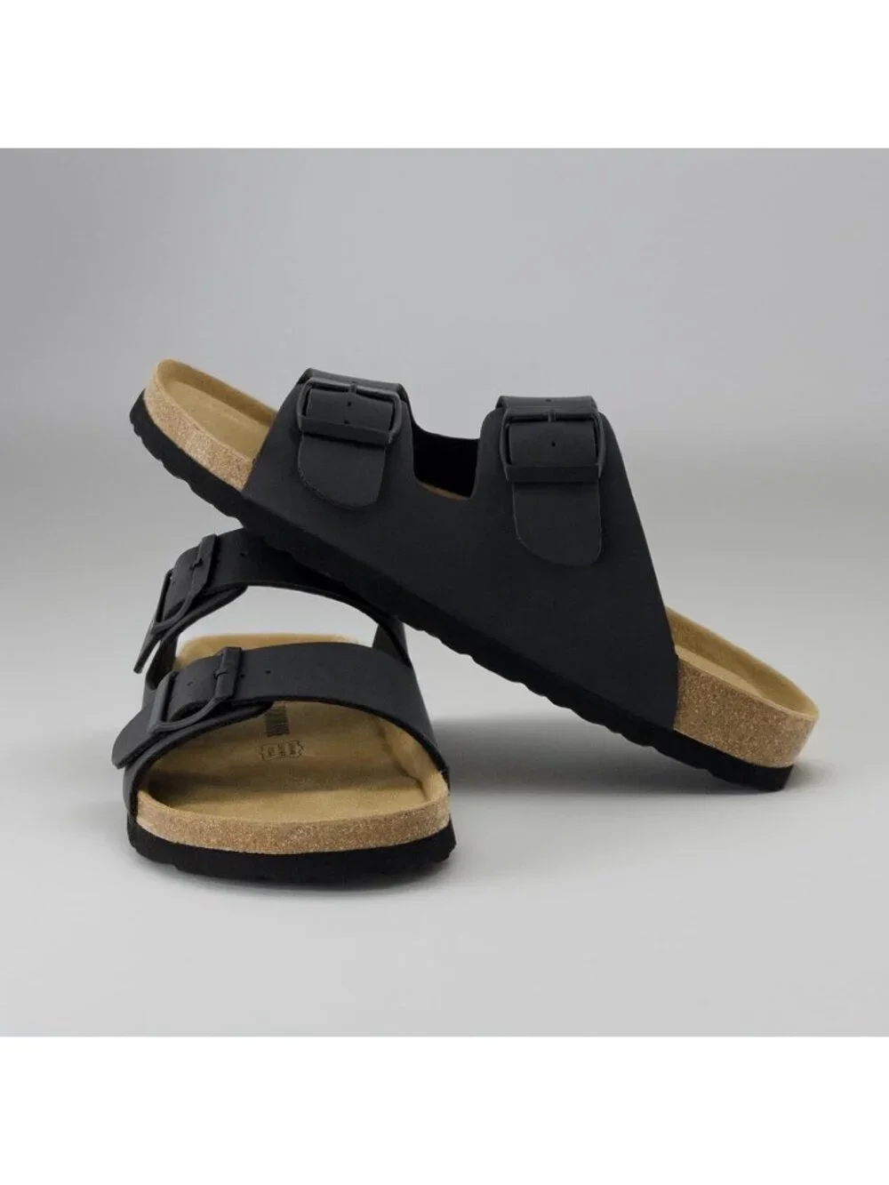 Men's Black Lane Cork Footbed Sandals Adjustable Buckle Comfort Slides